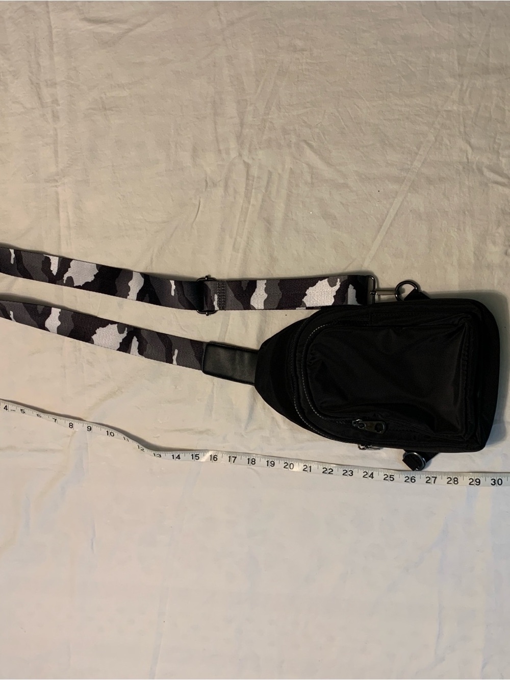 Black Sling Belt Bag with Gray Camo Strap